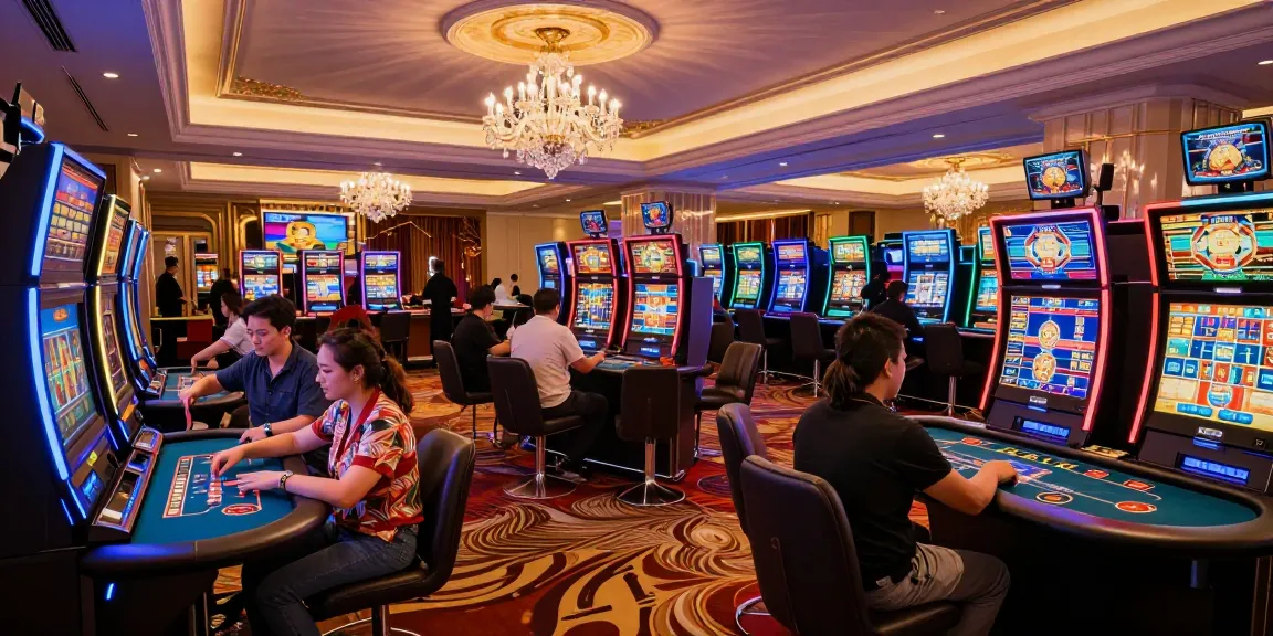 Ruang permainan LUXURY777 dengan pemain menikmati berbagai permainan slot dan poker di suasana kasino mewah.