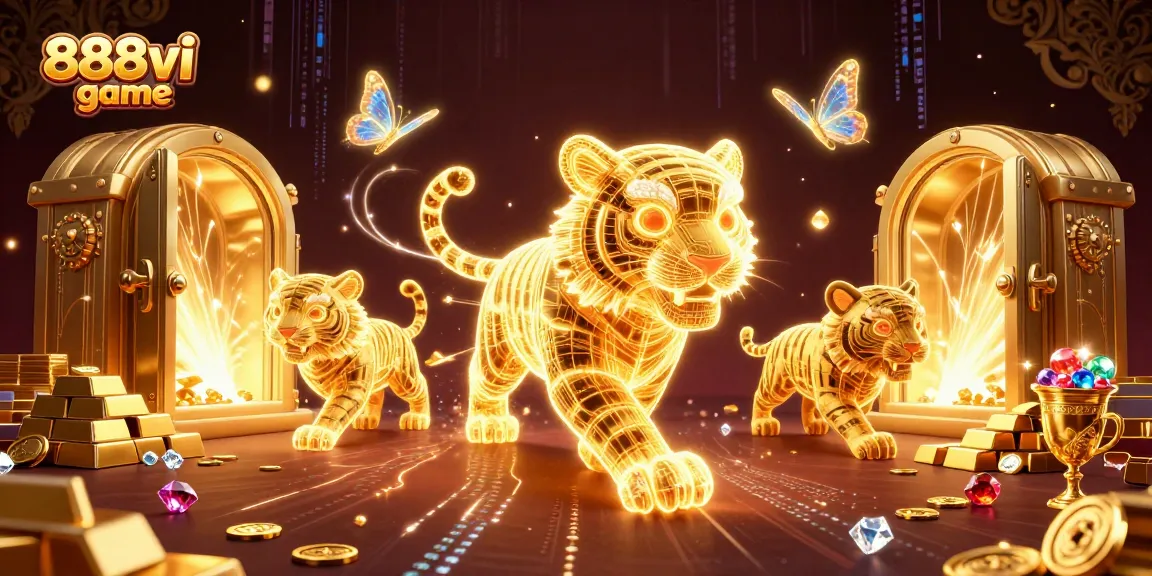Engage with the thrilling 888vi game set in a vibrant casino landscape, showcasing a neon tiger and treasures.