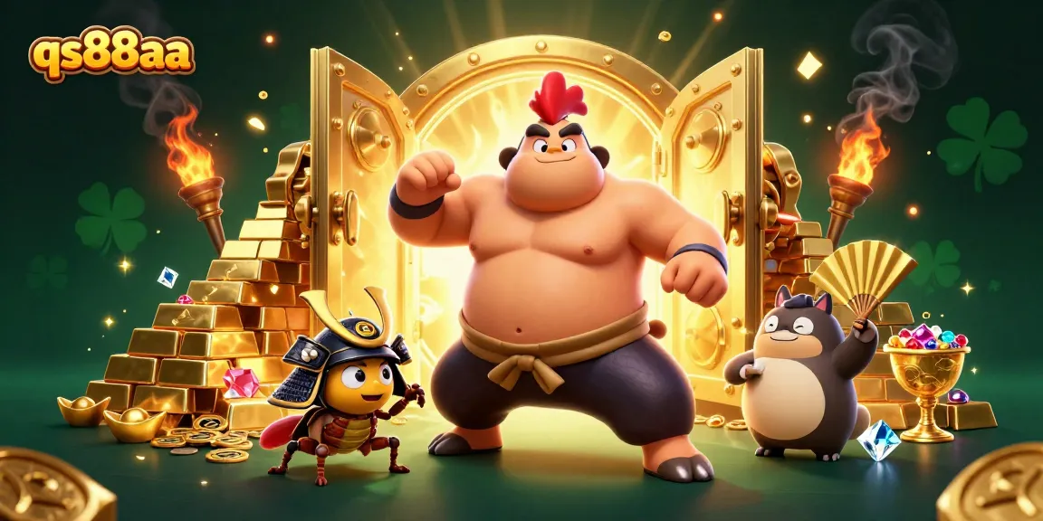 Experience thrilling gameplay at qs88aa with a powerful sumo wrestler and treasures bursting from a golden vault.
