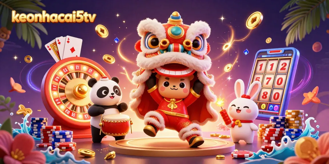 Experience exciting gaming with keonhacai5tv, featuring dynamic characters and vibrant casino elements.