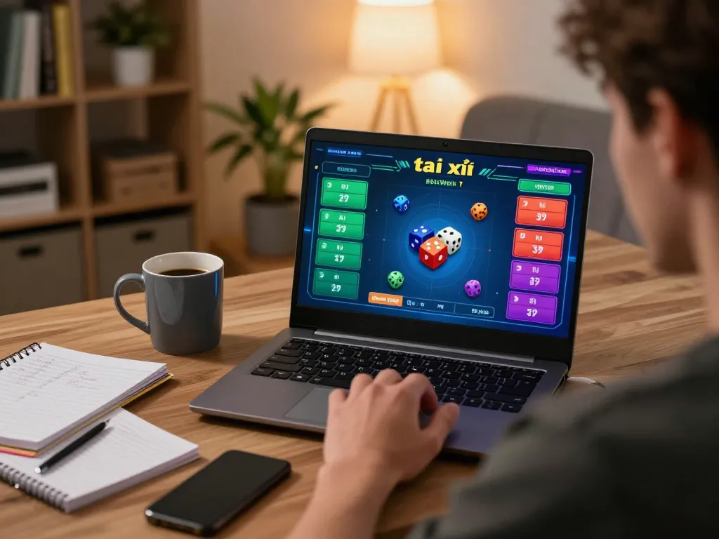 Player engaging in a tài xỉu game on laptop, showcasing a cozy home setting