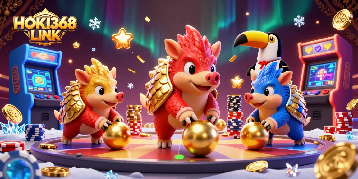 Engage with HOKI368 LINK in a dynamic casino showdown featuring vibrant pangolins and poker chips.