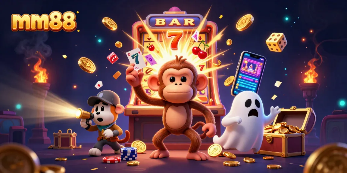 Immerse in the mm88 casino experience as a poltergeist monkey juggles gold, surrounded by vibrant gaming elements and a curious ghost-hunter puppy.