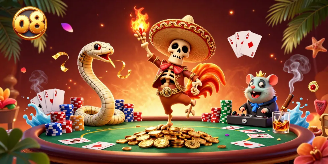 Experience the excitement of o8 with a vibrant 3D casino scene featuring themed characters and cards.
