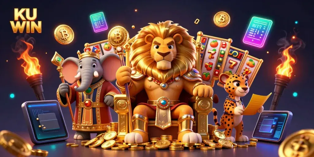 Experience the thrilling KU WIN jackpot action in this vibrant 3D illustration with lucky symbols and royal characters.