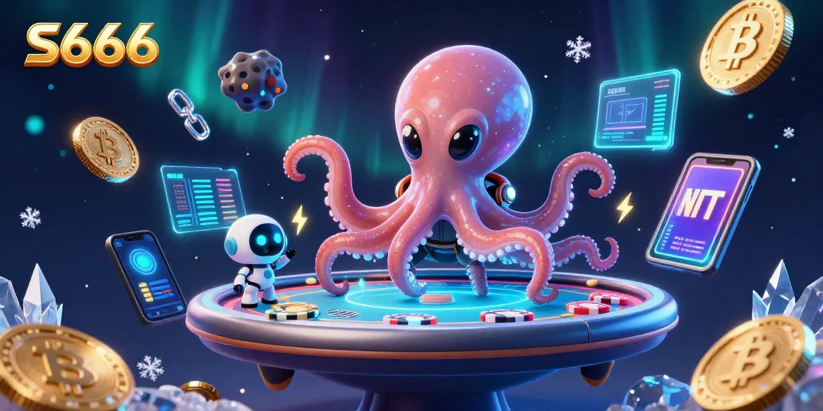 S666 showcases alien octopus at a holographic poker table in a cosmic casino setting, emphasizing gambling excitement.