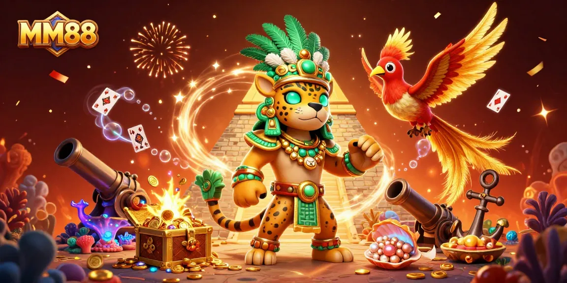 Experience the thrilling MM88 online casino world with a dynamic 3D illustration showcasing exciting game elements.