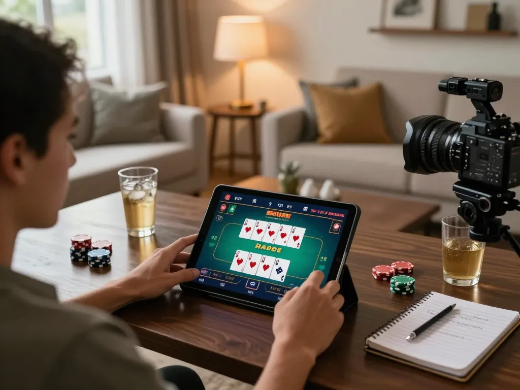 ee88 player enjoying an interactive poker game on a tablet in a cozy living room