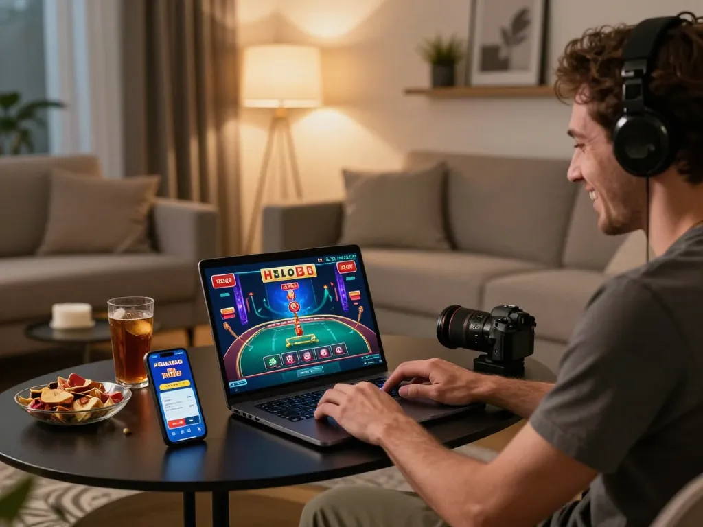 Player enjoying online gaming at HELLO88, focusing on a laptop with vibrant casino graphics in a cozy home setting