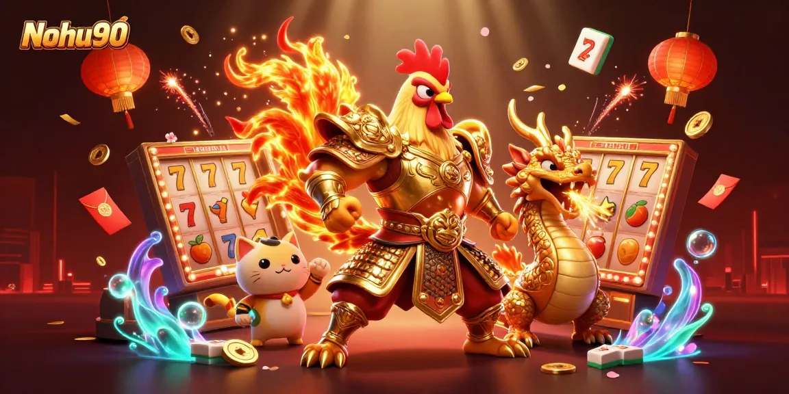 Nohu90 engages players with dynamic slot games featuring a roaring dragon and vibrant symbols.