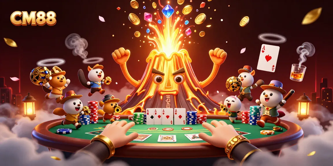 CM88 features a golden volcano erupting treasure while poker elements amplify the casino atmosphere.