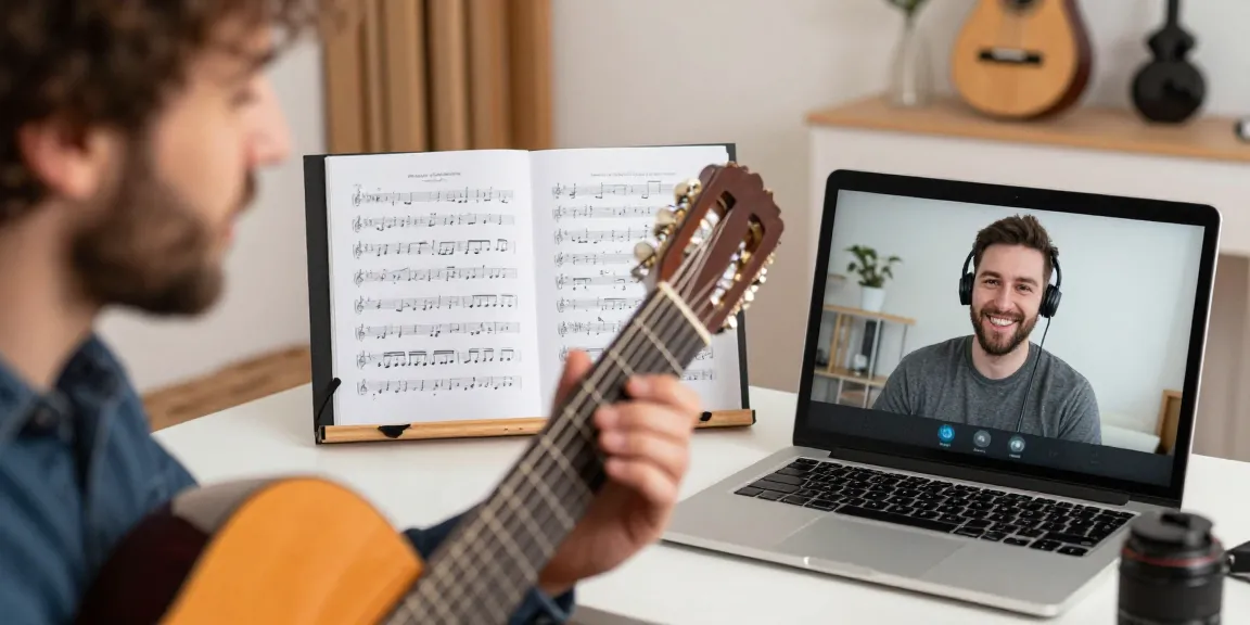 Zoom Classical Guitar Lessons with an instructor teaching online in a cozy home studio.