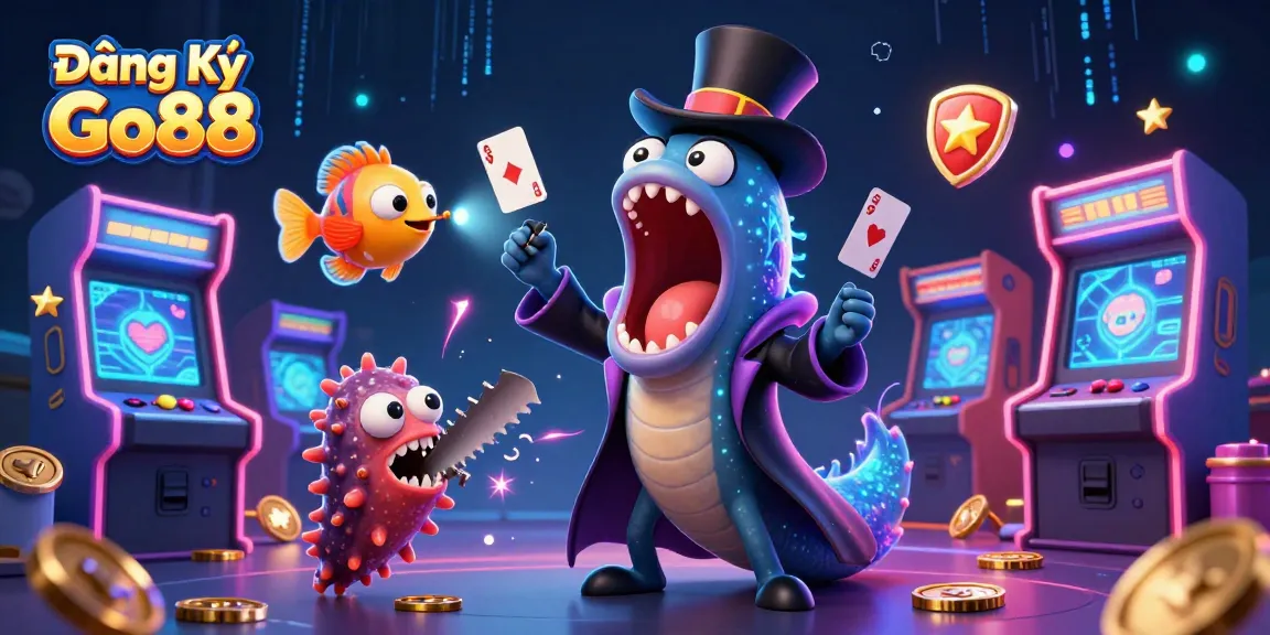 Engage with Đăng Ký Go88 through a vibrant 3D illustration highlighting casino elements with cartoon characters.