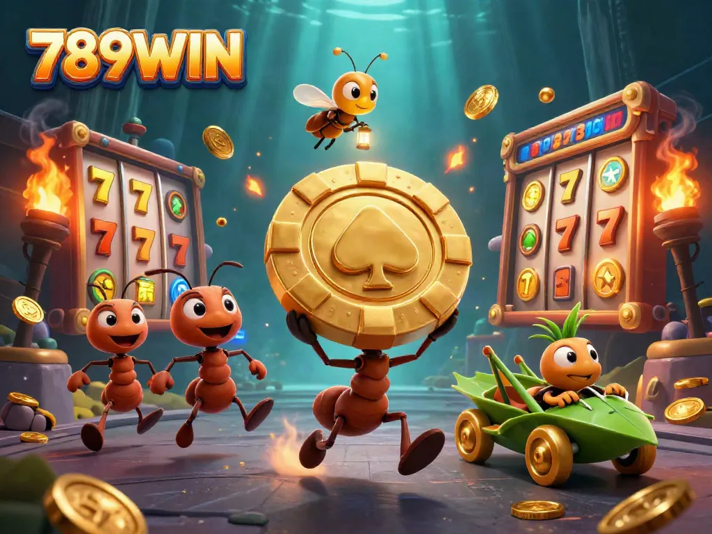 Catch the excitement of 789WIN as a team of ants heist a giant poker chip amidst vibrant casino elements.