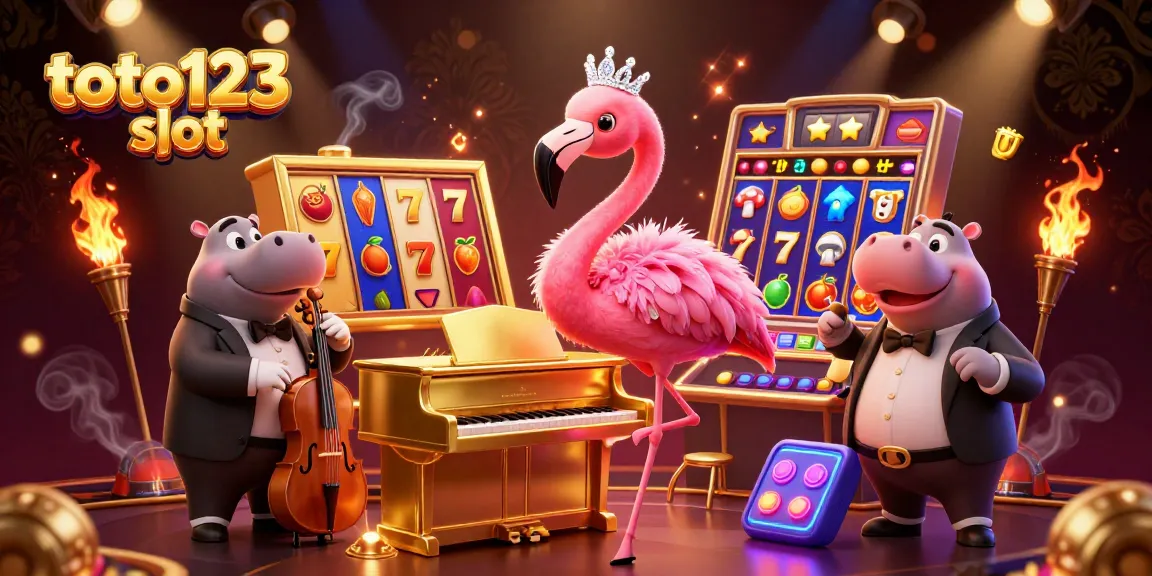 Toto123 slot showcases a lively casino scene with vibrant characters and slot elements in action.