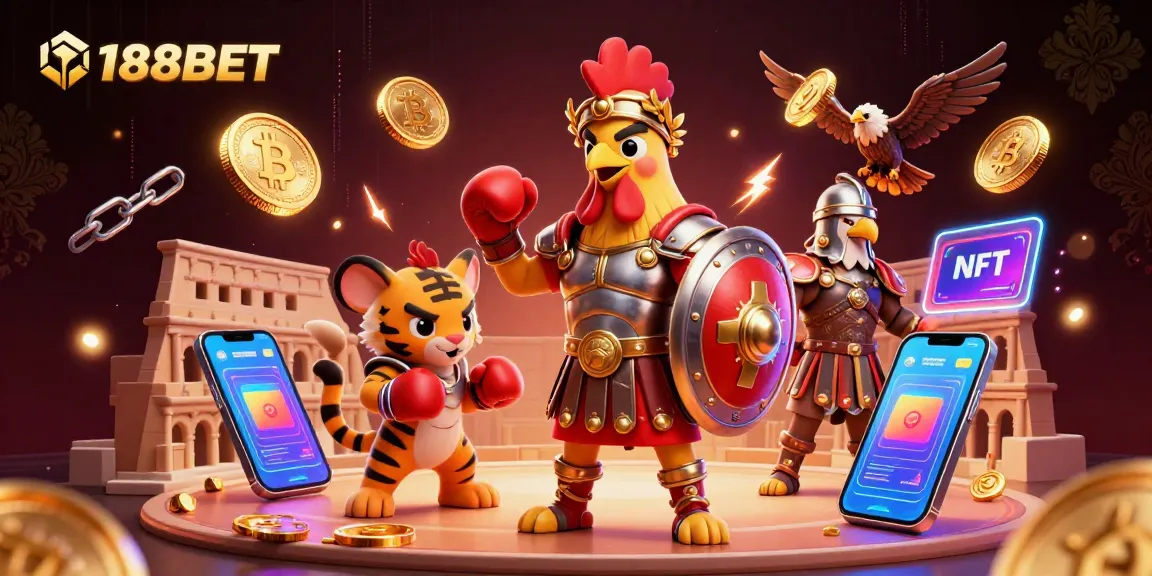 Experience thrilling gameplay with 188BET featuring a dynamic scene of a gladiator rooster, a tiger cub, and crypto elements.