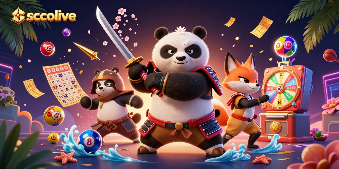 Socolive showcases a vibrant gaming world with a samurai panda, ninja fox, and spirit tanuki amid dynamic lottery elements.