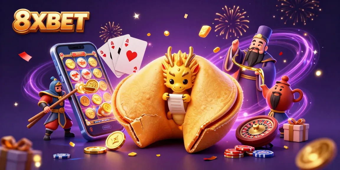 Join the thrill at 8XBET with golden fortunes and vibrant casino action in a magical scene.
