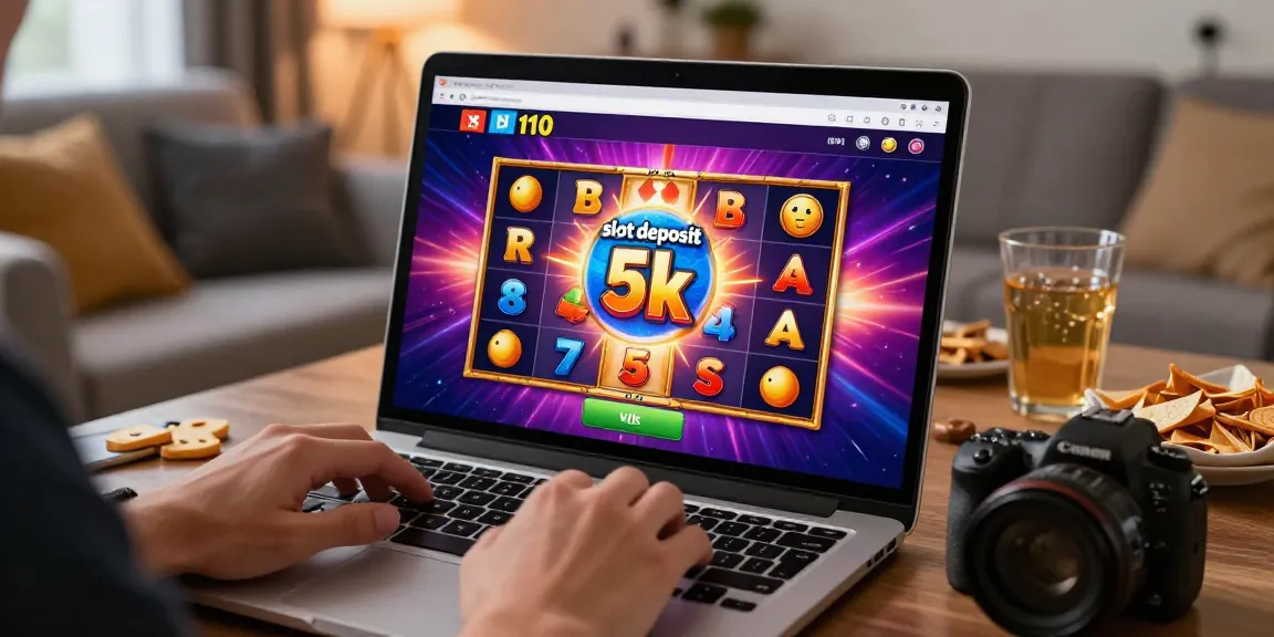Engaging online gaming scene featuring slot deposit 5k excitement with player spinning a game on a laptop