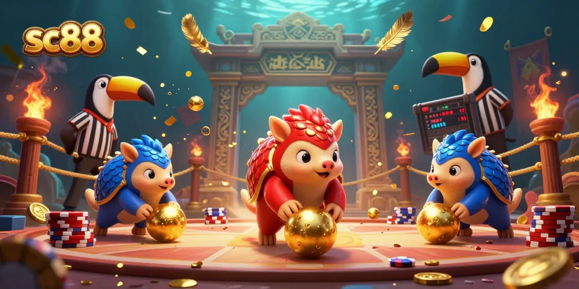 sc88 betting pangolins compete in a dynamic casino scene with poker chips and golden balls.