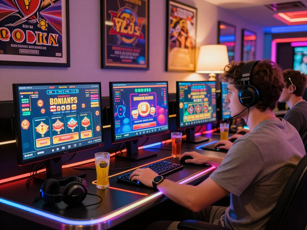 Giocatore concentrato su casino non AAMS mentre esplora giochi online con bonus attivi e monitor luminosi.