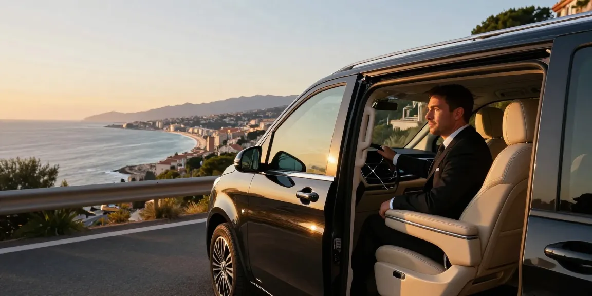 Privet transfer nice Monaco en chauffeur privé dans une Mercedes le long de la Côte d'Azur, avec vue sur Cannes, luxe et confort.