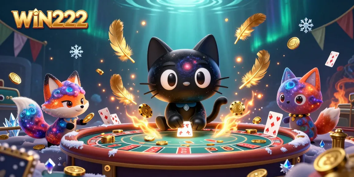 Experience stellar gaming at WIN222 with a mystical cat and a fox amidst dramatic casino action.