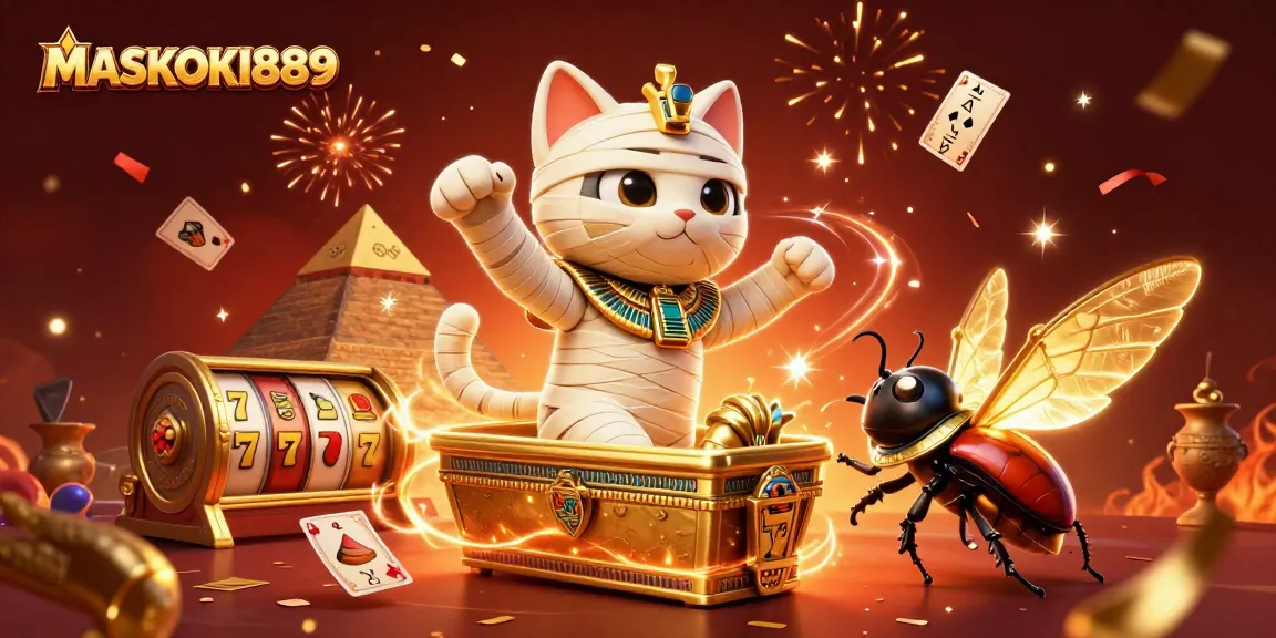 Experience thrilling gameplay with MASKOKI889, featuring an Egyptian mummy cat and golden gaming elements.