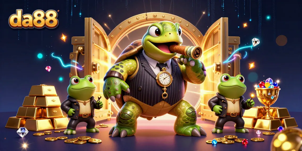 Join the action at da88 with an exciting casino scene featuring animated characters and treasures.