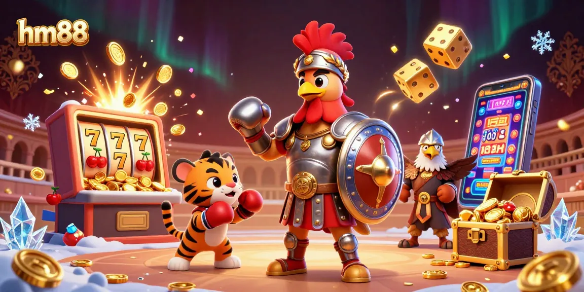 Experience thrilling excitement at hm88 with a 3D cartoon scene featuring gladiator rooster and jackpot slots.
