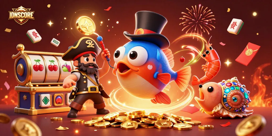 IDNSCORE spins golden coins with lively characters in a vibrant casino-themed illustration.
