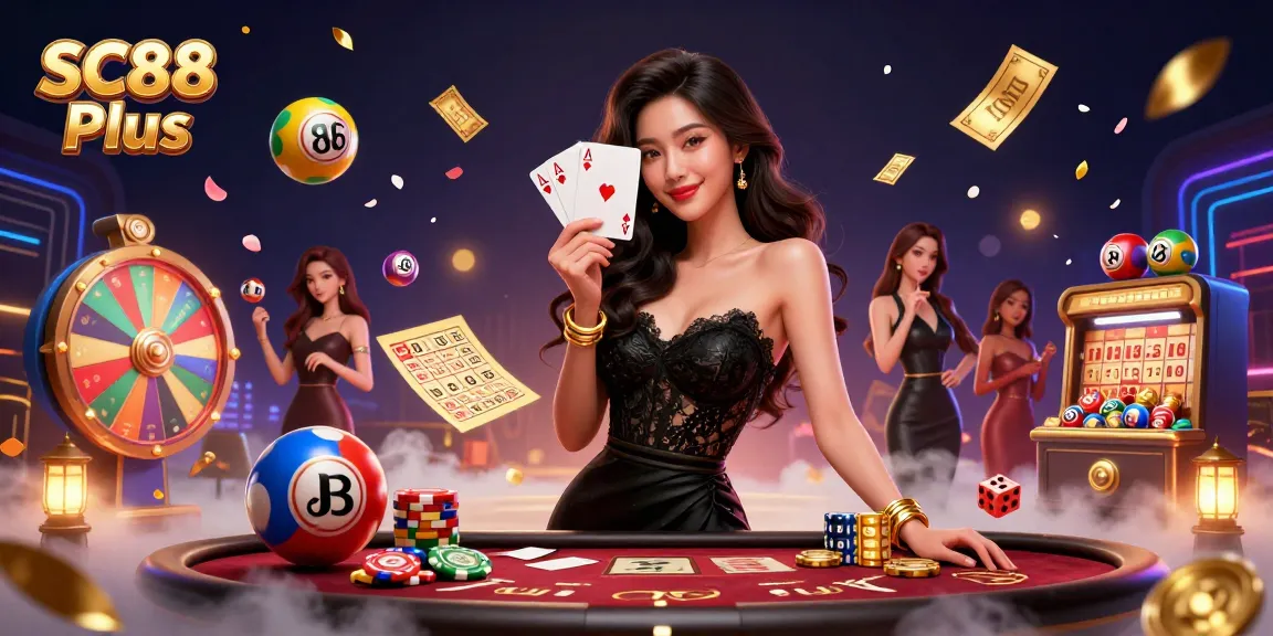 Experience the thrill of SC88 Plus with a glamorous Asian woman holding playing cards, vibrant casino elements surrounding her.