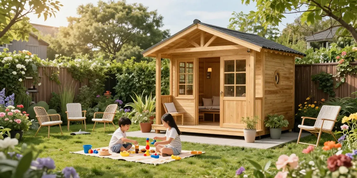 Neues Gartenhaus umgeben von Blumen und Familie, perfekte Wohlfühloase im Garten.