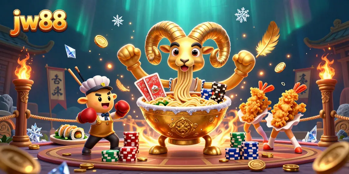 Experience the vivid excitement of jw88 with a lively illustration of a giant ramen bowl playing cards.