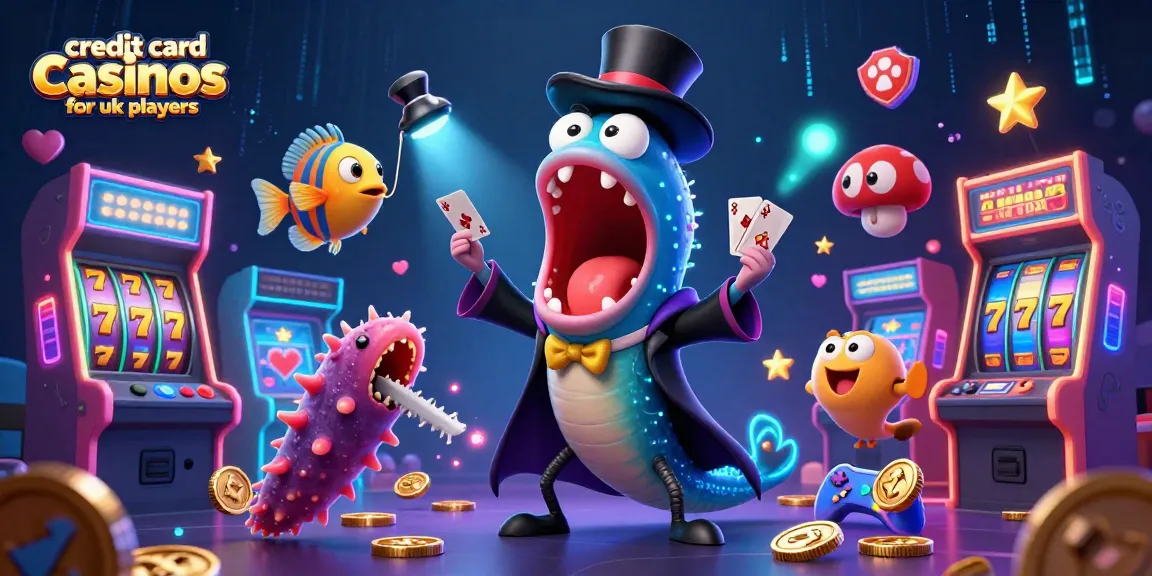 Engaging scene of credit card casinos for UK players with a guppy performing magic tricks amidst vibrant slot machines.