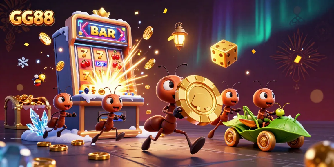 Experience the excitement with GG88 in a dynamic 3D scene of ants heisting a golden poker chip amidst casino elements.