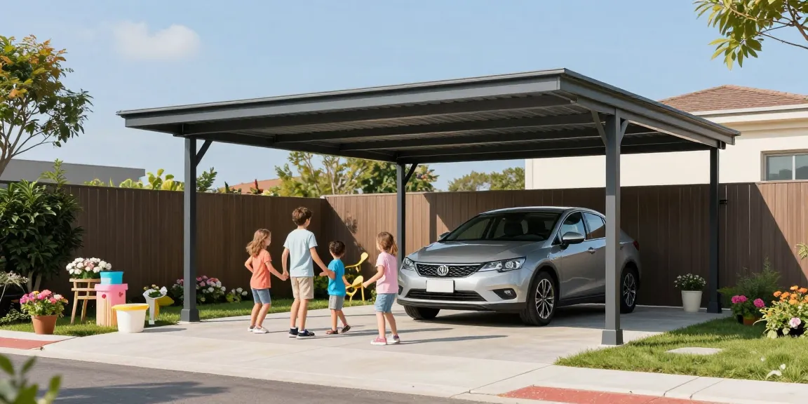 Elegante Carport-Lösung in einem Garten mit spielenden Kindern und geparktem Auto.