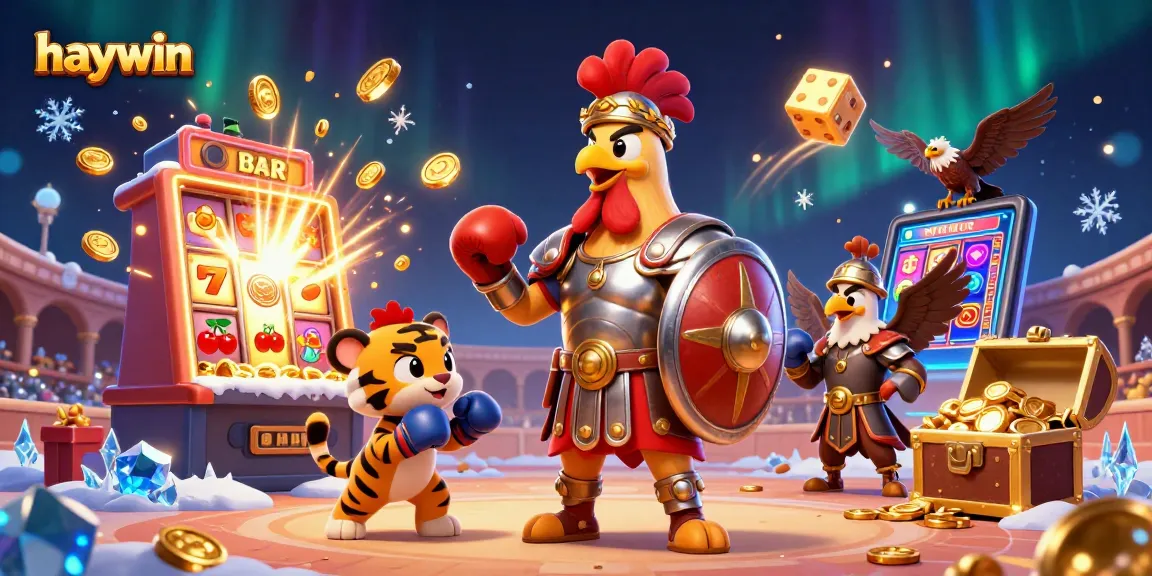 Experience thrilling gameplay at haywin with animated gladiator and sparring tiger in a vibrant casino scene.