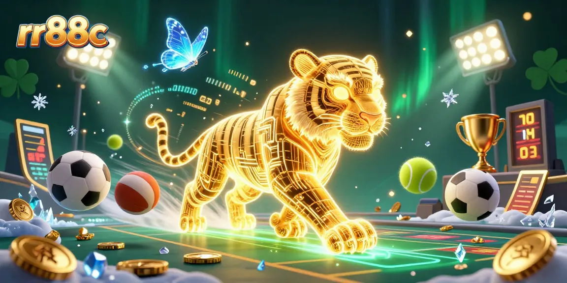 Bet on rr88c with thrilling visuals of a neon tiger and dynamic sports elements.