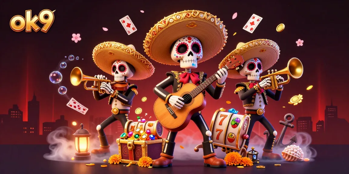 Join the action at ok9 with vibrant 3D mariachi characters celebrating casino wins amidst colorful elements.