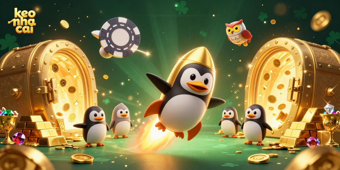 Experience keo nha cai with a vibrant scene of cartoon penguins, golden treasures, and casino elements.
