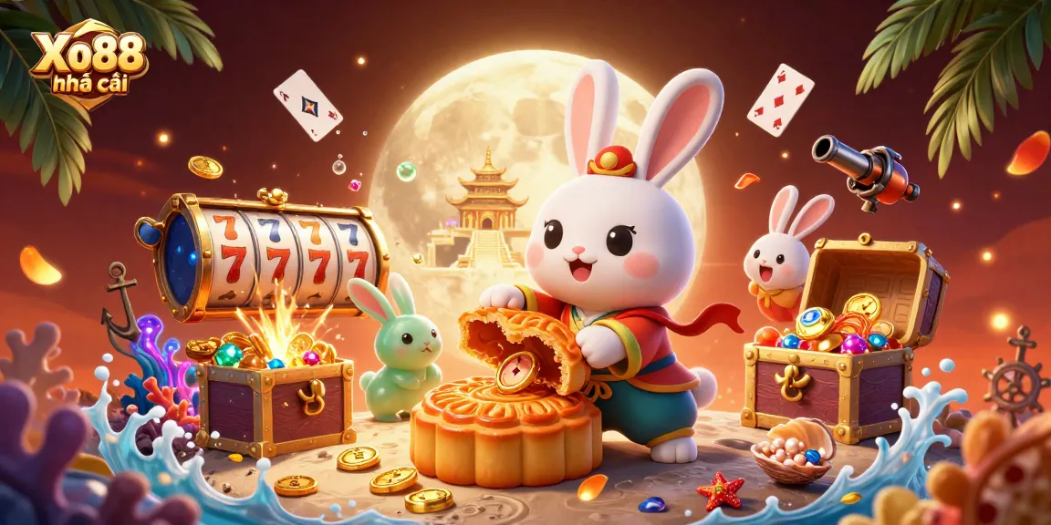Xo88 nhà cái brings players immersive gaming with vibrant 3D moon rabbit scene revealing poker chips.