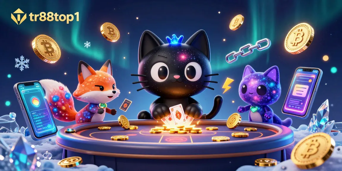 Join tr88top1 in a vibrant cosmic casino, featuring unique characters and glowing crypto elements.