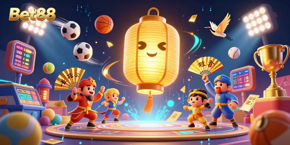 Bet88 players engaging in exciting gaming activities with golden lantern spirit and dynamic sports elements.